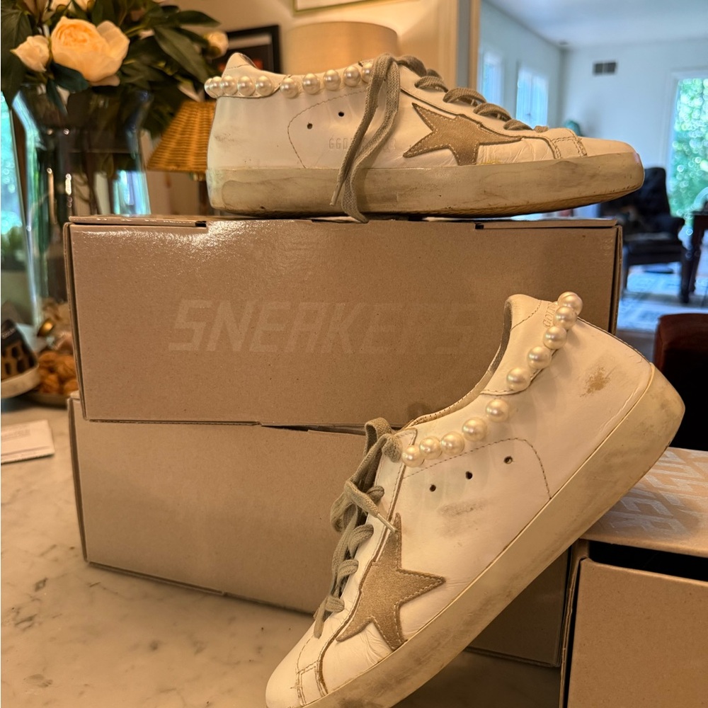 Golden Goose White and Gold Sneakers with Pearl Detail